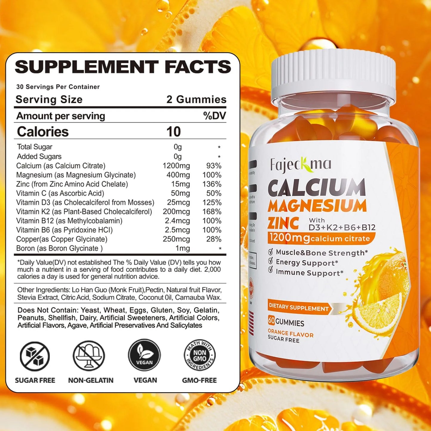 Gomitas De Calcio Magnesio Zinc 1200 Mg Citrato Vitamina D3 Suplemento Óseo Sabor Naranja