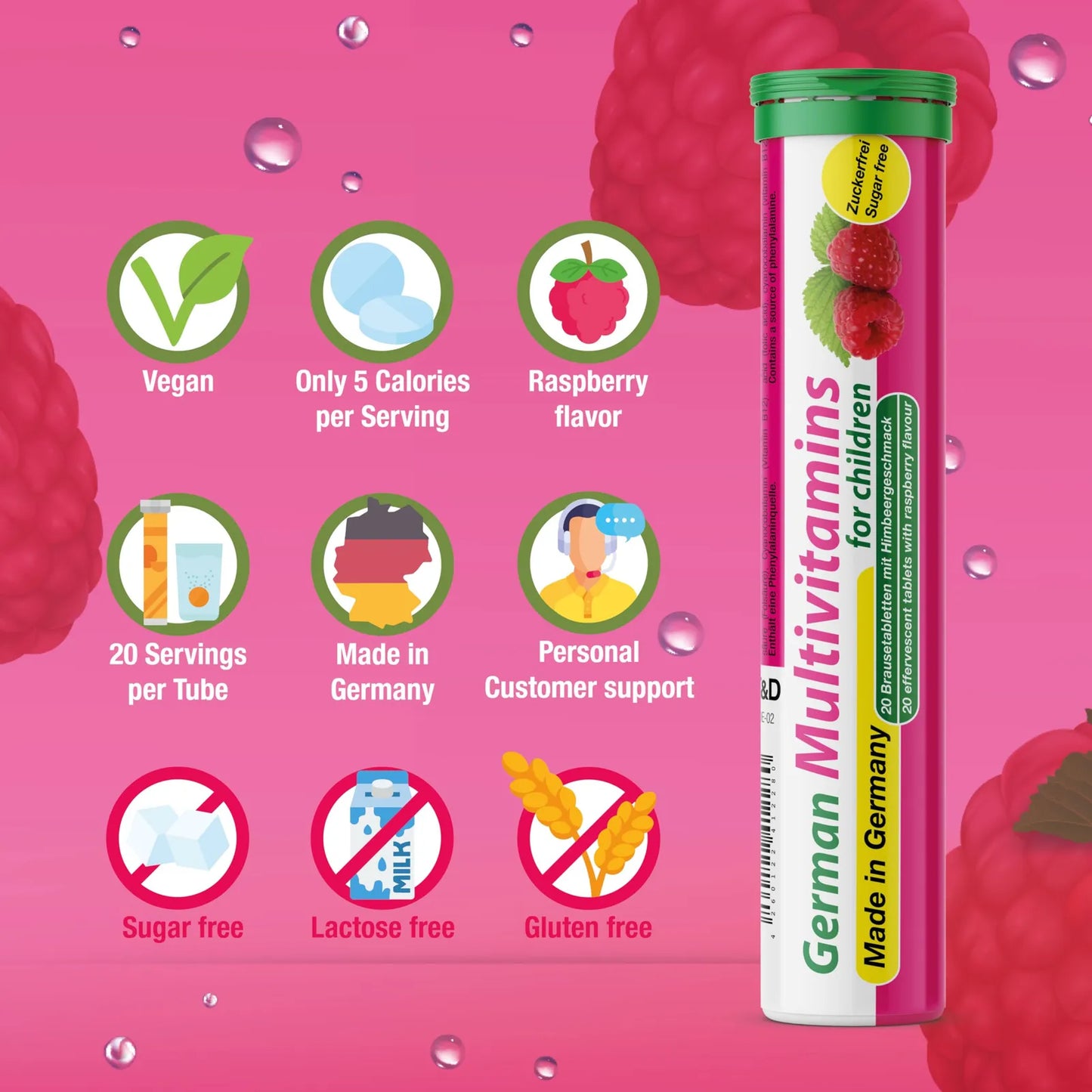Multivitamínico Efervescente Para Niños 60 Tabletas Sabor Frambuesa Sin Azúcar Vegano