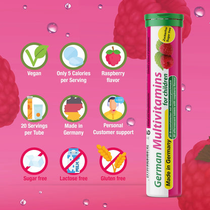 Multivitamínico Efervescente Para Niños 60 Tabletas Sabor Frambuesa Sin Azúcar Vegano