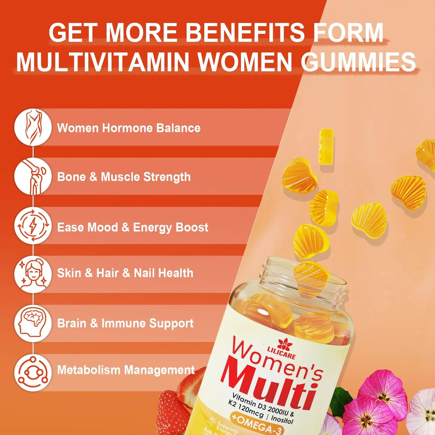 Gomitas Multivitamínicas Mujer Metiladas Sin Azúcar Omega 3 Vitamina D3 K2 Vegano