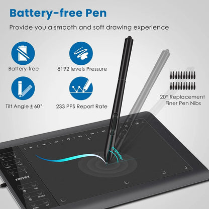 Tableta Grafica Xoppox 10x6 Pulgadas Lápiz Sin Batería 8192 Niveles Presión Compatible PC Mac Android