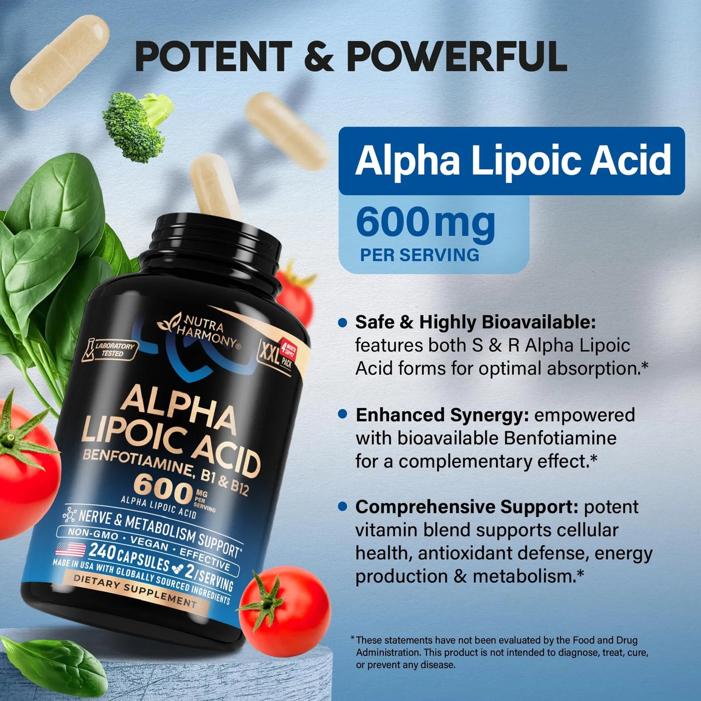 Ácido Alfa Lipoico 600 Mg Antioxidante Apoyo Nervioso Energía Y Metabolismo Vegano
