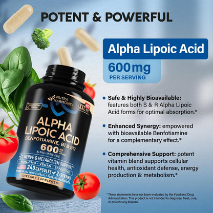 Ácido Alfa Lipoico 600 Mg Antioxidante Apoyo Nervioso Energía Y Metabolismo Vegano