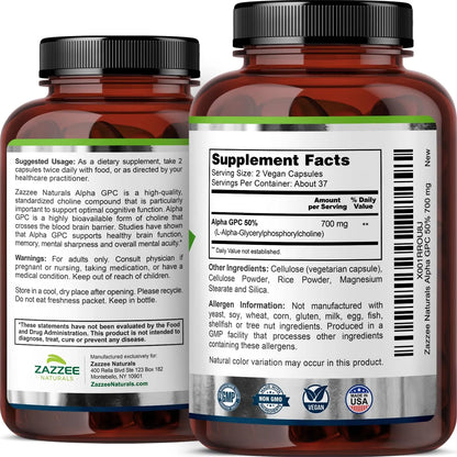 Alpha GPC Colina 300 Mg 75 Cápsulas Veganas Potencia Cognitiva Y Memoria
