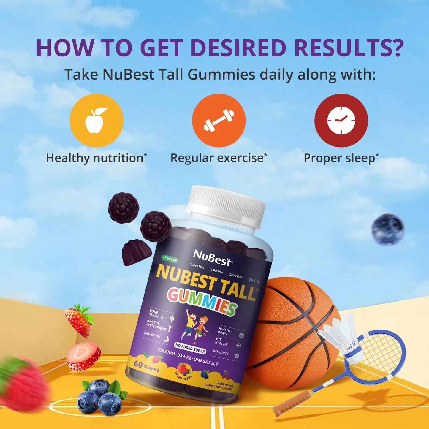 Gomitas Altas En Calcio Con Vitamina D3 Y K2 NuBest Tall 60 Unidades Sabor Bayas