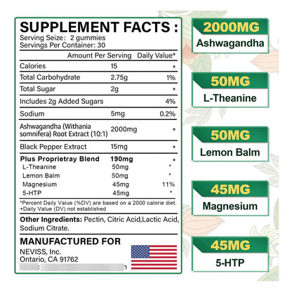 Gomitas Ashwagandha 2000 Mg Con L Teanina Y 5 HTP Para Relajación Y Sueño Reparador