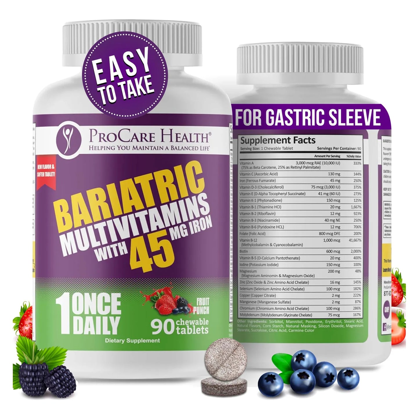 Multivitamínico Bariátrico Masticable Con Hierro 45 Mg Sabor Ponche De Fruta 90 Tabletas