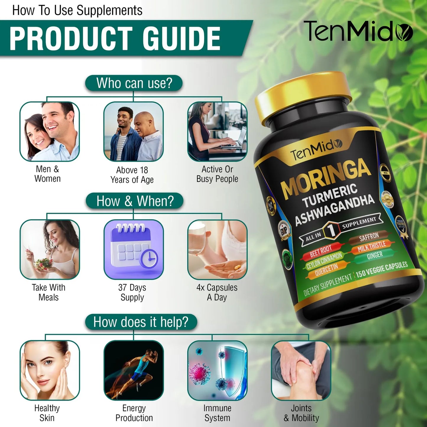 Suplemento Moringa Oleifera 10 En 1 Con Cúrcuma Y Ashwagandha Energía Y Salud