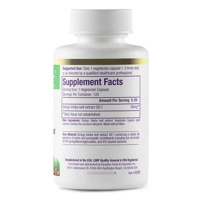 Extracto De Ginkgo Biloba Para Circulación Y Corazón 120 Cápsulas Vegano Sin OMG