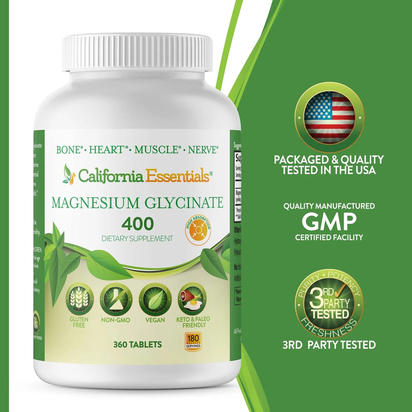 Glicinato De Magnesio 400 Mg Quelado Alta Absorción 360 Tabletas Vegano Sin Gluten