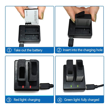 Batería Recargable 1350 mAh X3 Para Cámara Acción Con Cargador Dual USB