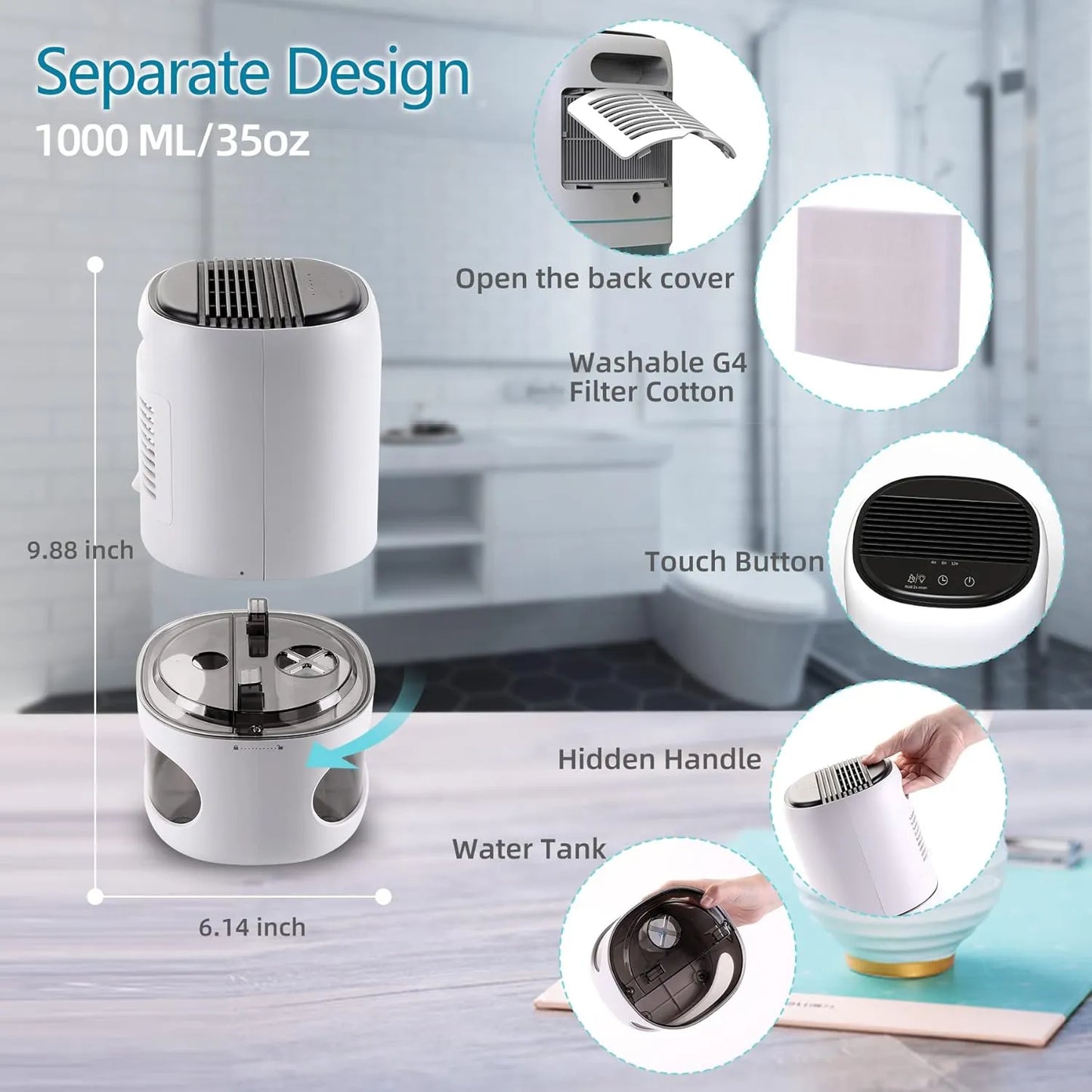 Deshumidificador Compacto Con Purificador De Aire 1000Ml Tecnologia Peltier Luces Led