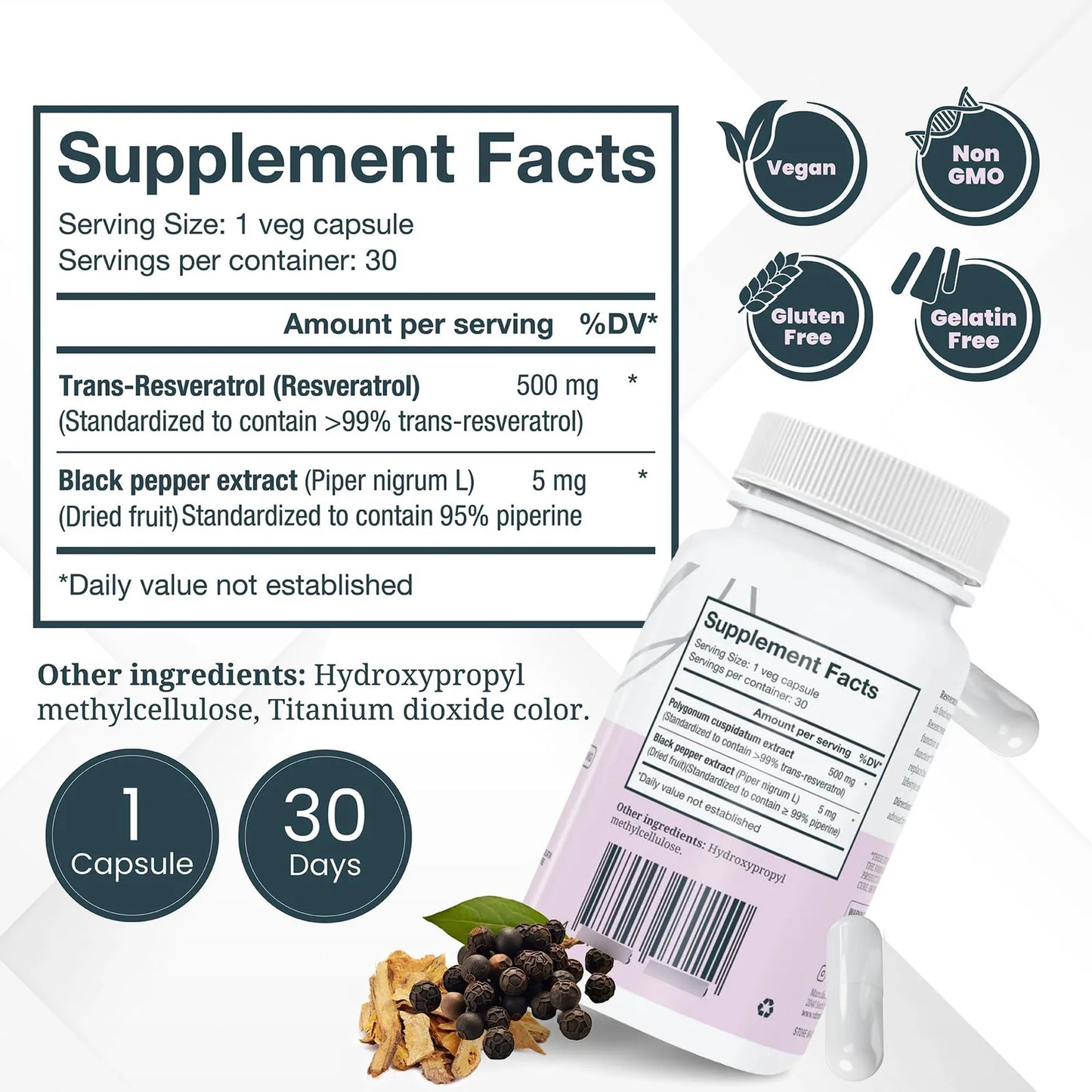 Trans-resveratrol 500 Mg Paquete De 3 Botellas Efecto Antiox