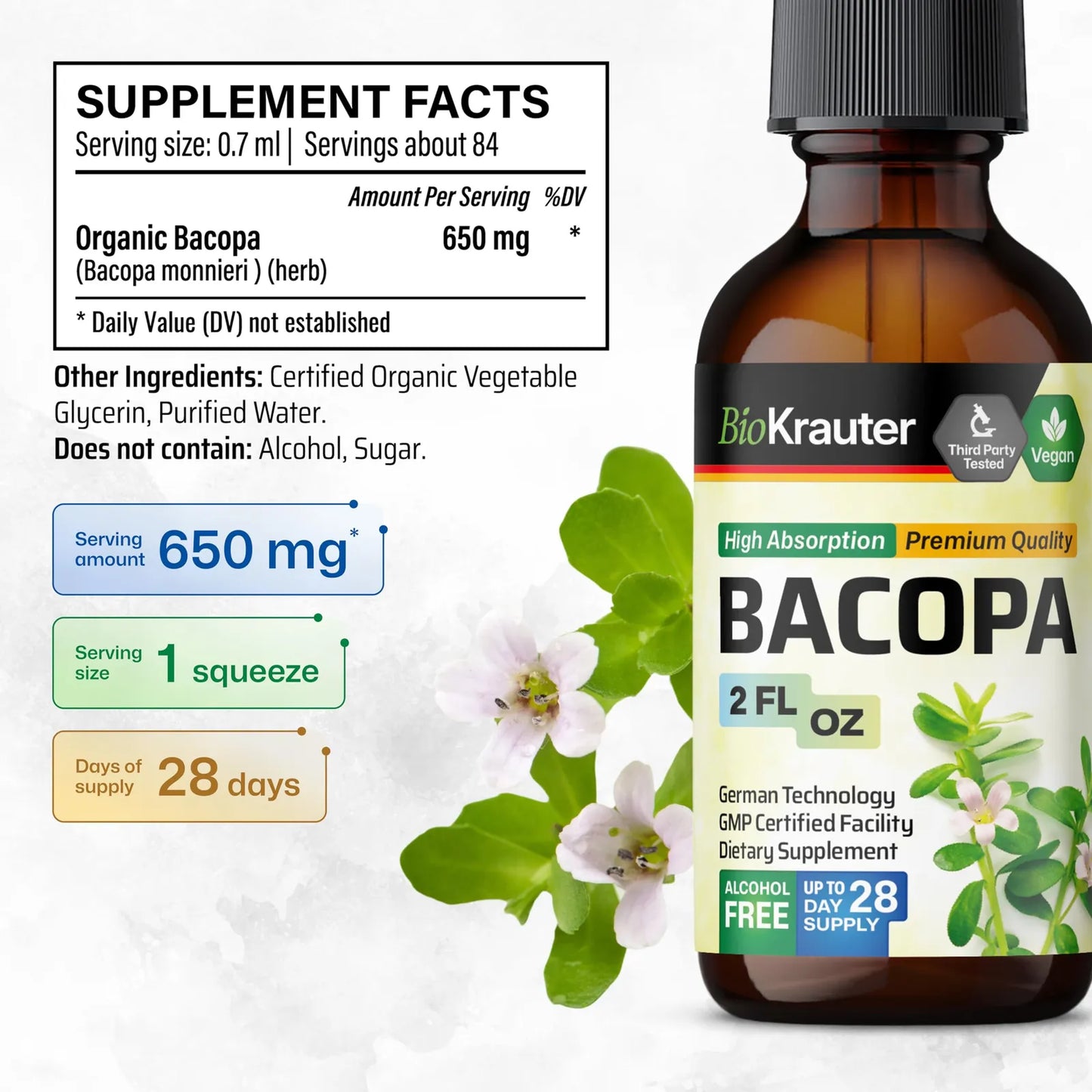 Gotas De Bacopa Monnieri Bio 60ml Apoyo Cerebral Vegano Sin Alcohol