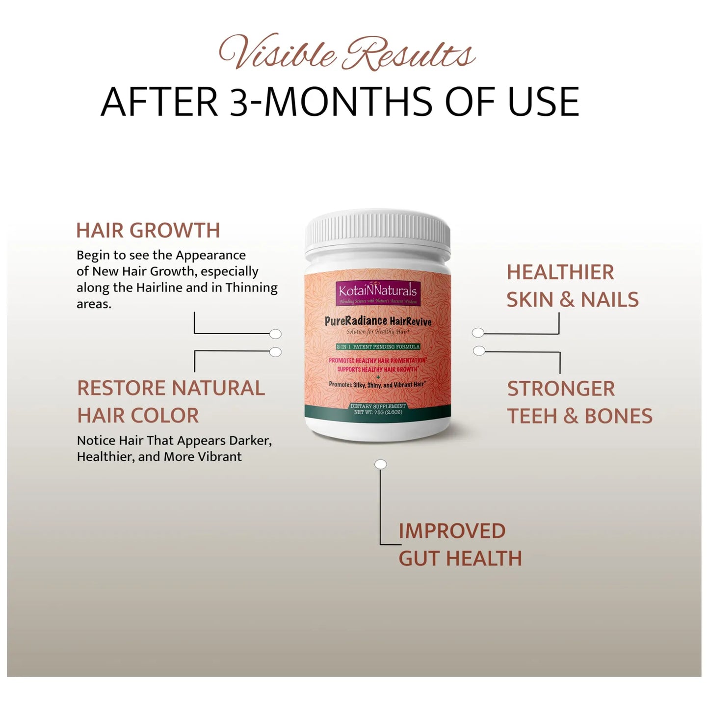 Pure Radiance Hair Revive Polvo Sin Sabor Crecimiento Capilar Y Reversión De Canas