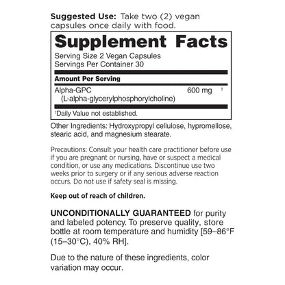 Alpha GPC 600 Mg 60 Capsulas Veganas Suplemento Premium Para Mente Y Cuerpo