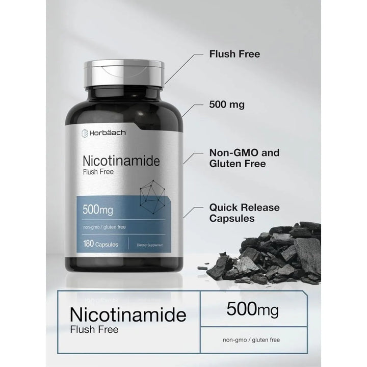 Horbäach Nicotinamida 500mg 180 Cápsulas Vitamina B3 Sin Rubor Sin Gluten - Imagen 3