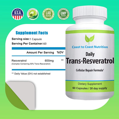 Capsulas De Trans Resveratrol Antioxidante Natural 600 Mg 60 Unidades Vegano