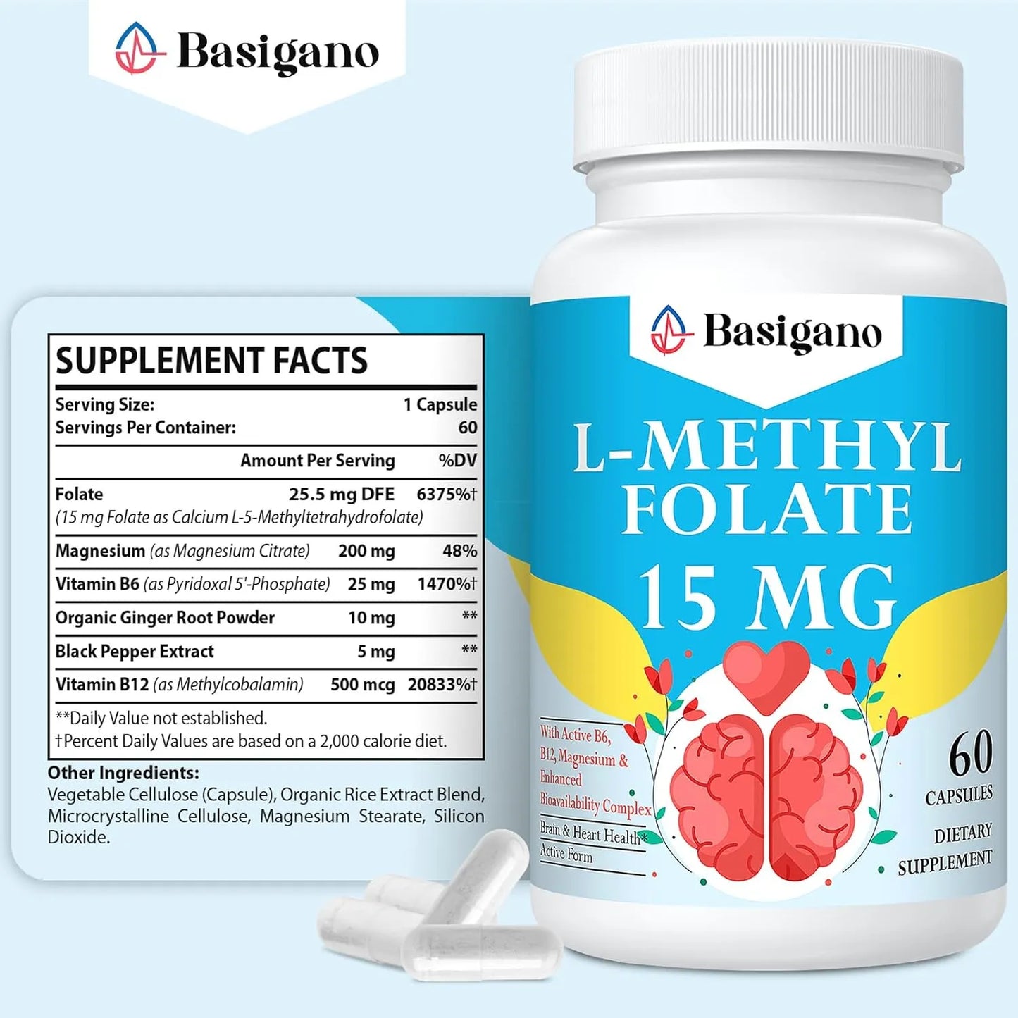 Capsulas De Metilfolato 15 Mg Con Vitaminas B6 Y B12 60 Cápsulas Vegetarianas
