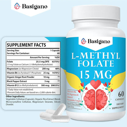 Capsulas De Metilfolato 15 Mg Con Vitaminas B6 Y B12 60 Cápsulas Vegetarianas