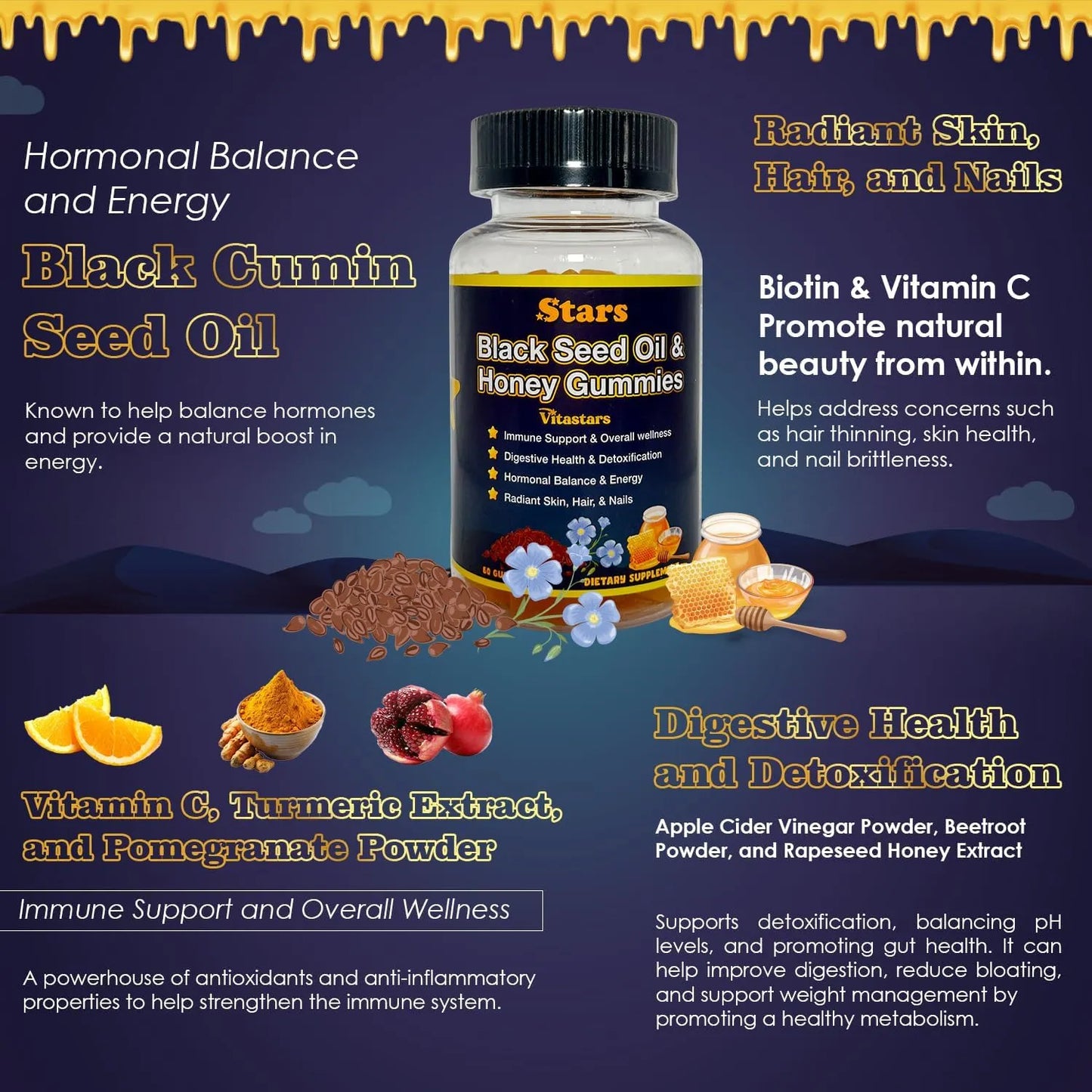 Gomitas De Aceite De Semillas Negras Con Miel Biotina Y Vitamina C 60 Unidades