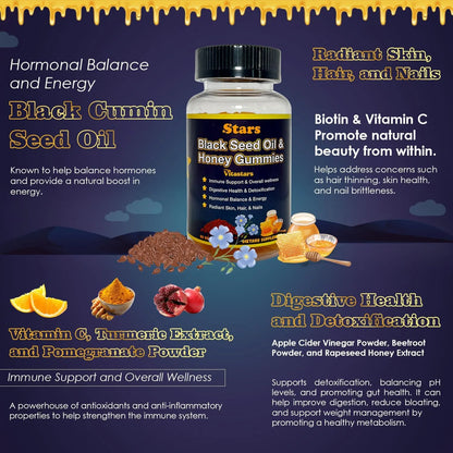 Gomitas De Aceite De Semillas Negras Con Miel Biotina Y Vitamina C 60 Unidades
