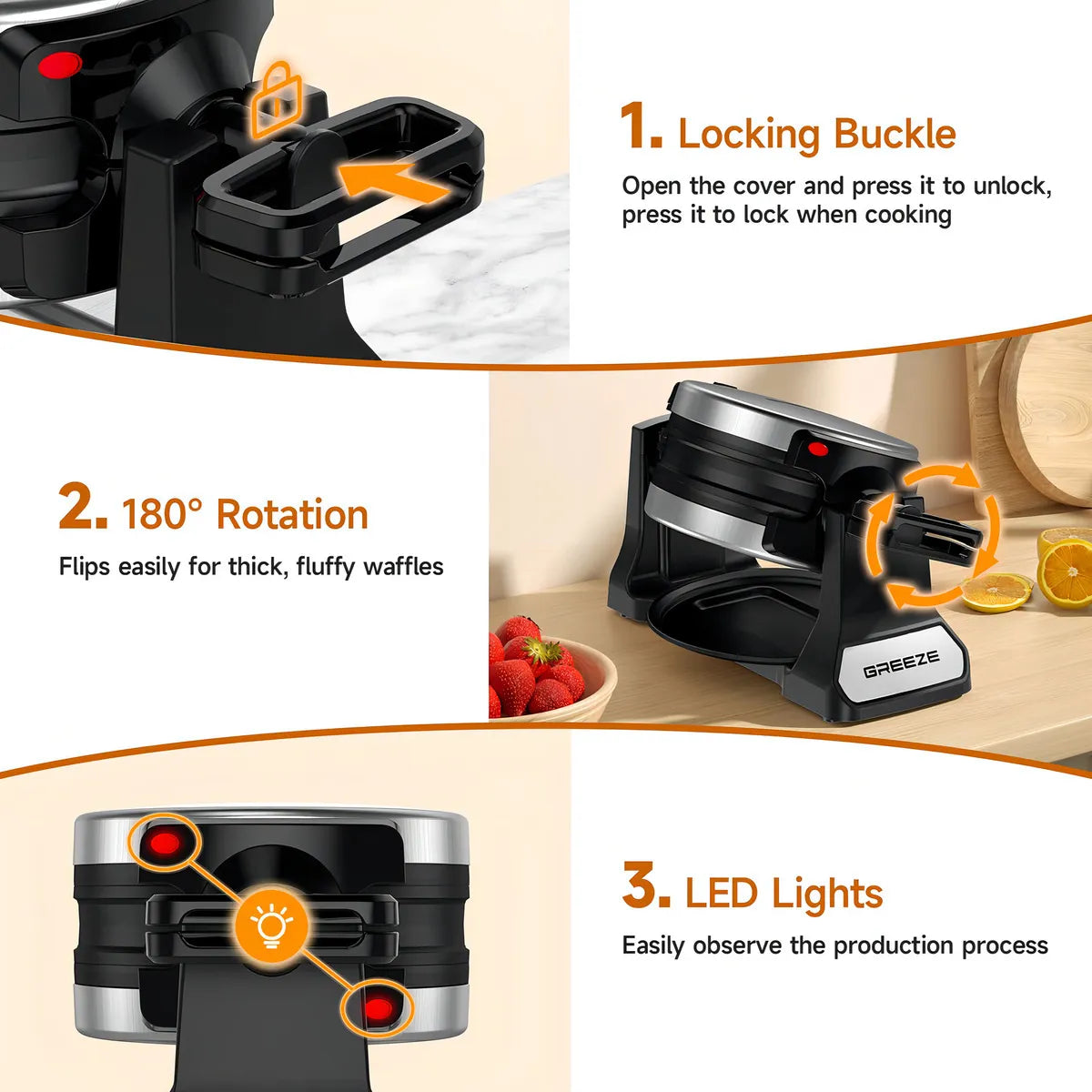 Waflera Eléctrica Greeze SW-2090A Plateado Y Negro Waffles Perfectos