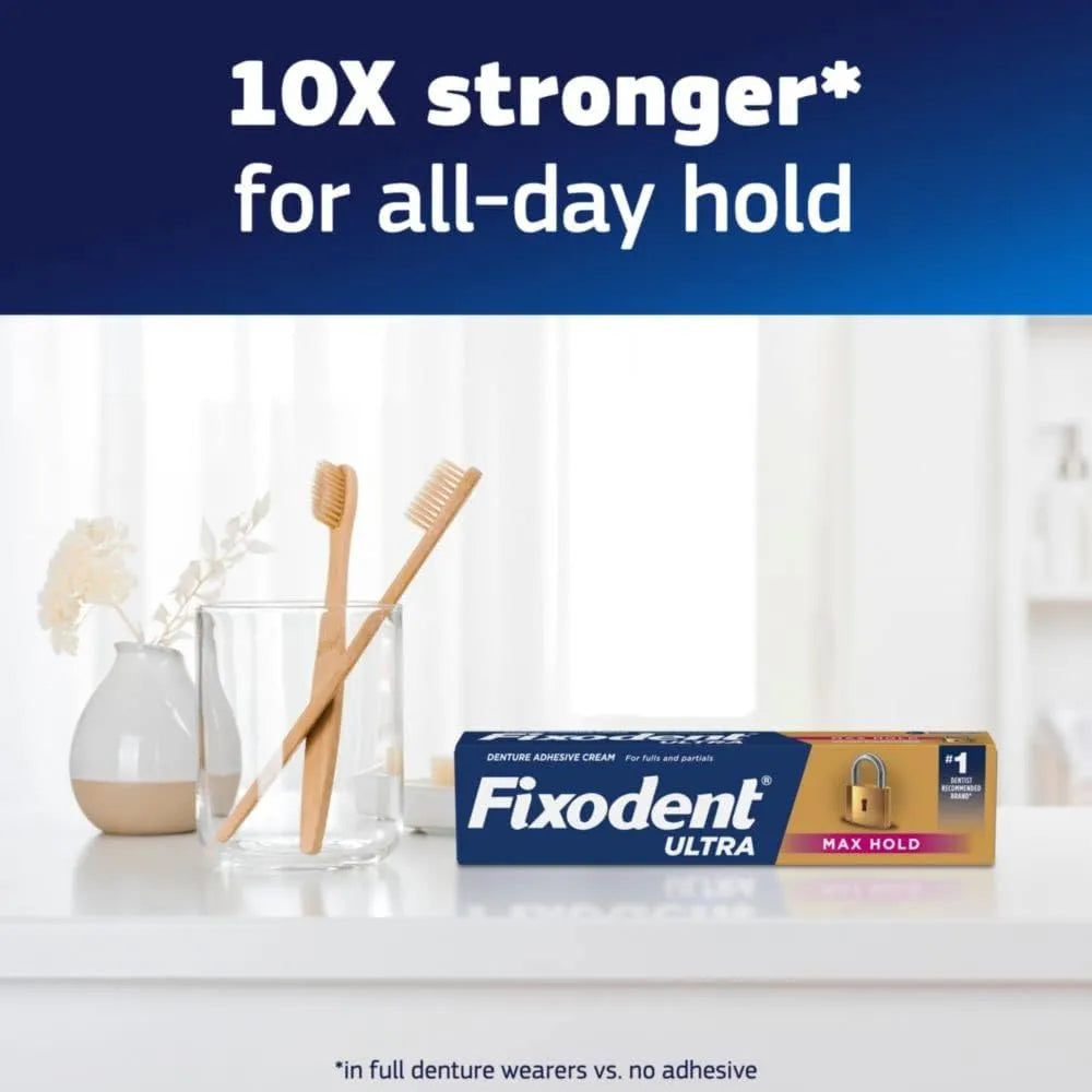 Fixodent Ultra Max Hold Secure Crema Adhesiva Para Dentaduras Postizas 4 Unidades 2.2 Onzas
