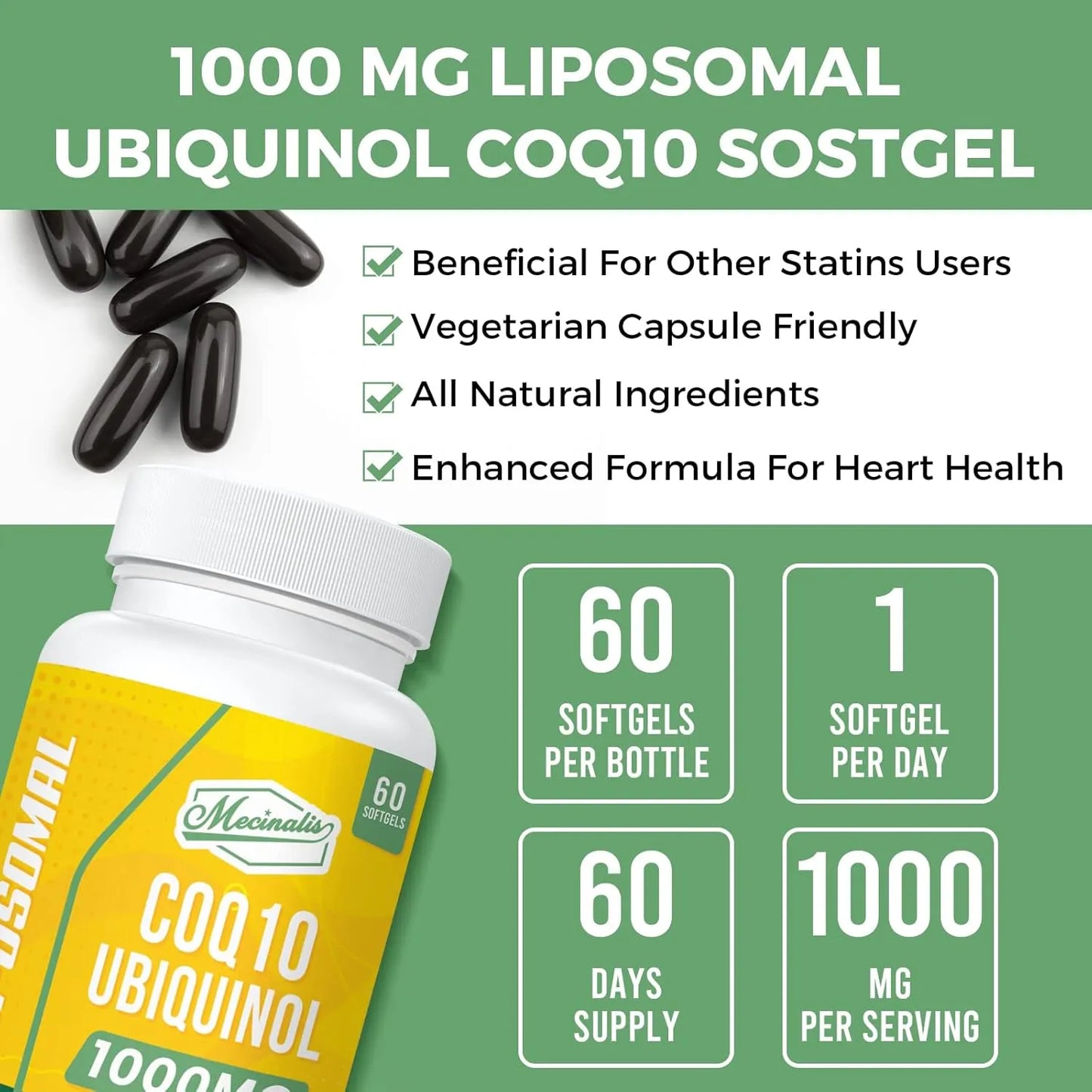 Capsulas Blandas Liposomales Coq10 1000 Mg Alta Absorcion Ubiquinol Vegano