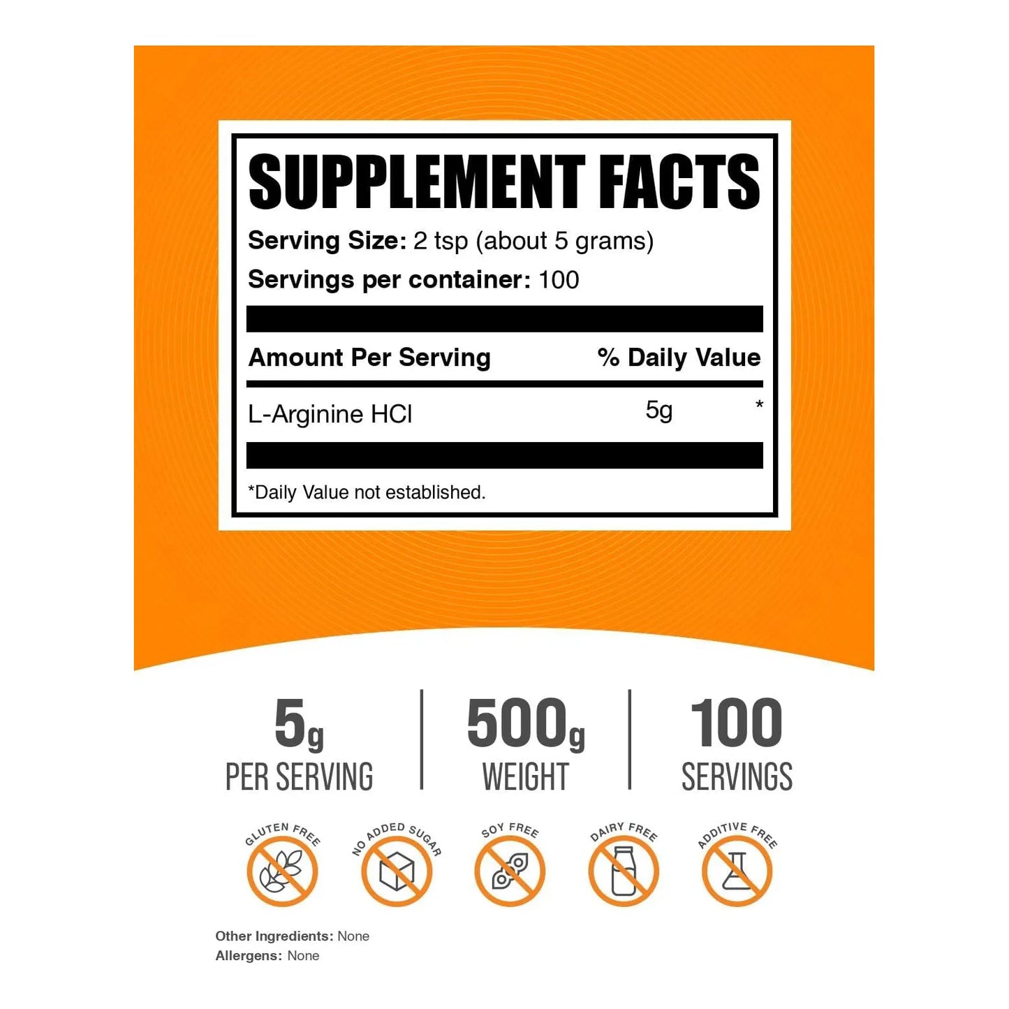 Polvo De L Arginina Hcl 5000 Mg 500 G Sin Sabor Sin Gluten Suplemento De Oxido Nitrico