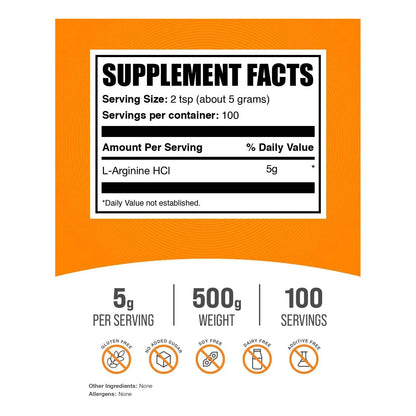Polvo De L Arginina Hcl 5000 Mg 500 G Sin Sabor Sin Gluten Suplemento De Oxido Nitrico