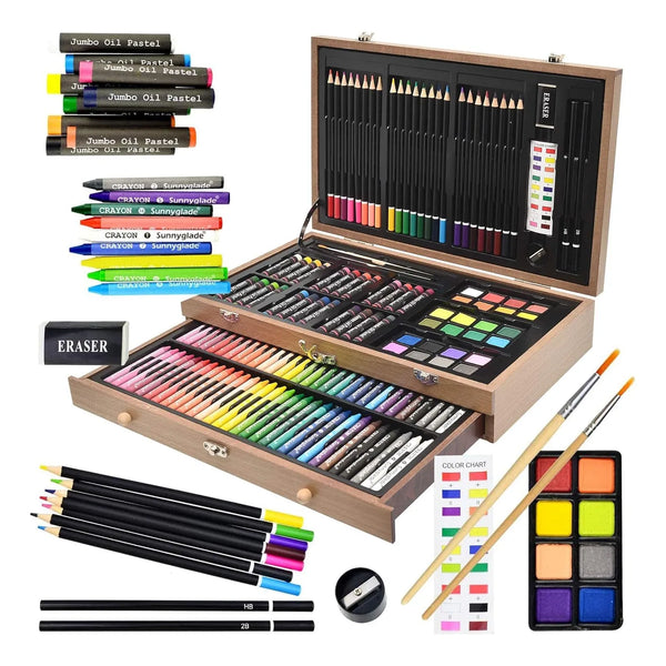 Juego De Arte De Lujo 145 Piezas Caja Madera Kit Dibujo Y Pintura Completo