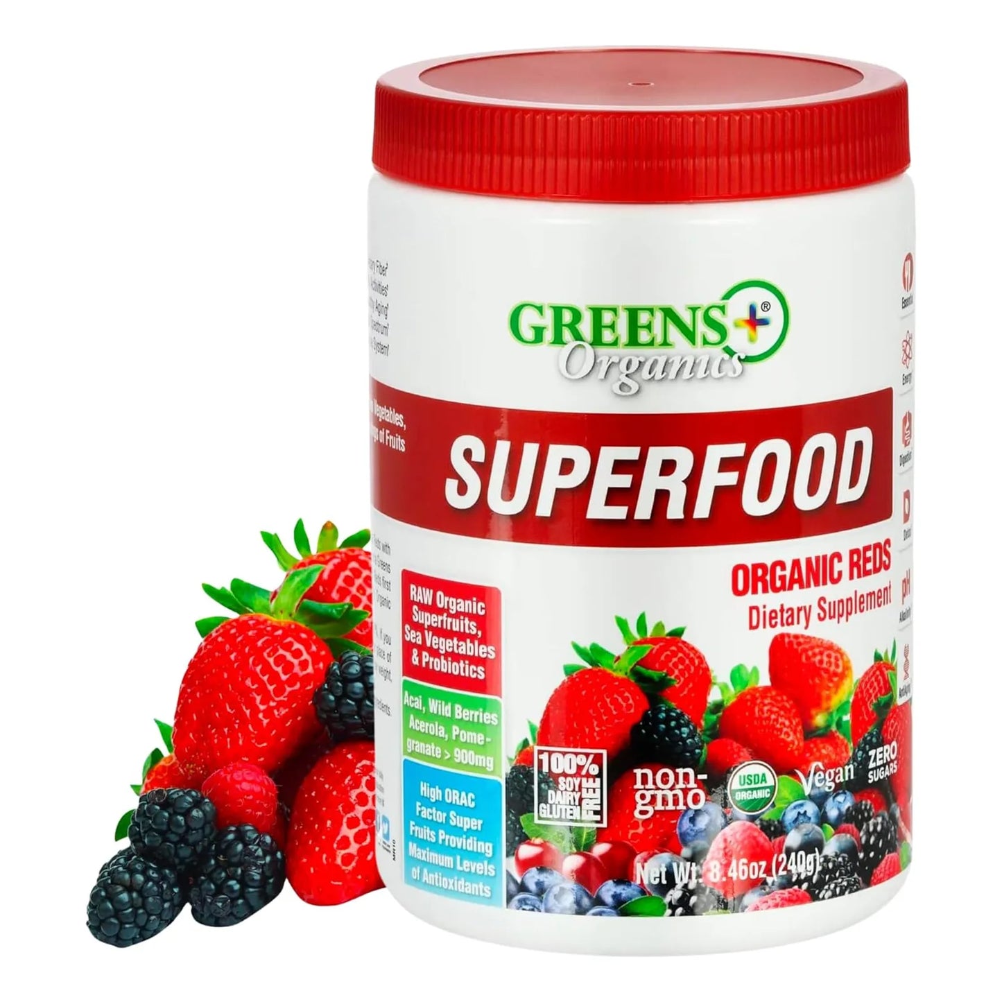 Polvo Orgánico De Superalimentos Rojos Energizante Con Superfrutas Y Verduras Marinas 8.46 Onzas