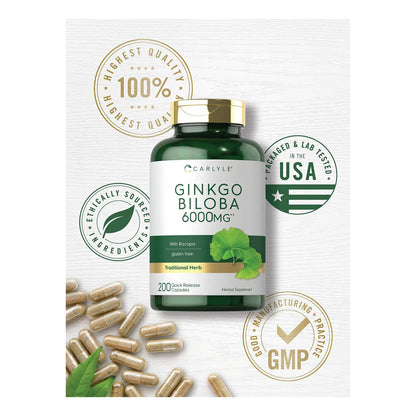 Ginkgo Biloba 6000 Mg 200 Cápsulas Máxima Potencia Suplemento Cognitivo