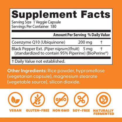 CoQ10 Alta Absorción 200 Mg Con BioPerine Energía Cardíaca Y Celular