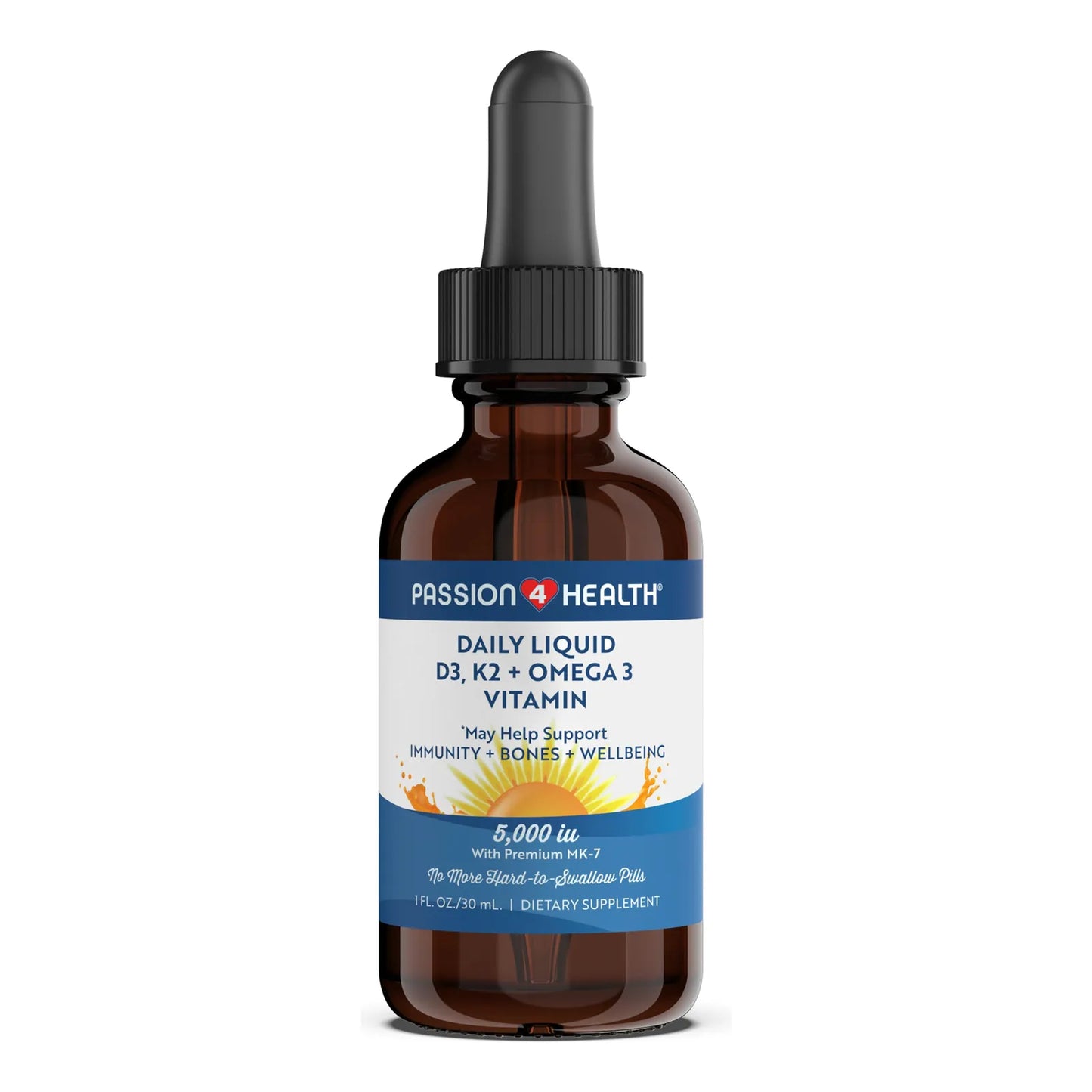 Vitamina Líquida Orgánica D3 5000IU + K2 Mk7 + Omega 3 Passion 4 Health Huesos Fuertes Y Músculos Saludables