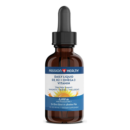 Vitamina Líquida Orgánica D3 5000IU + K2 Mk7 + Omega 3 Passion 4 Health Huesos Fuertes Y Músculos Saludables