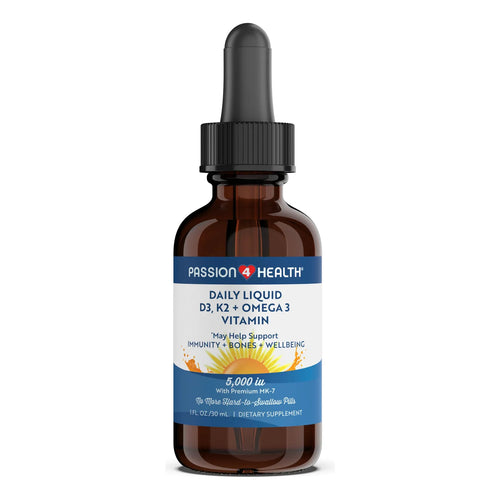 Vitamina Líquida Orgánica D3 5000IU + K2 Mk7 + Omega 3 Passion 4 Health Huesos Fuertes Y Músculos Saludables