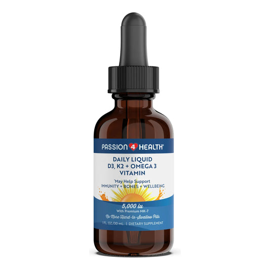 Vitamina Líquida Orgánica D3 5000IU + K2 Mk7 + Omega 3 Passion 4 Health Huesos Fuertes Y Músculos Saludables