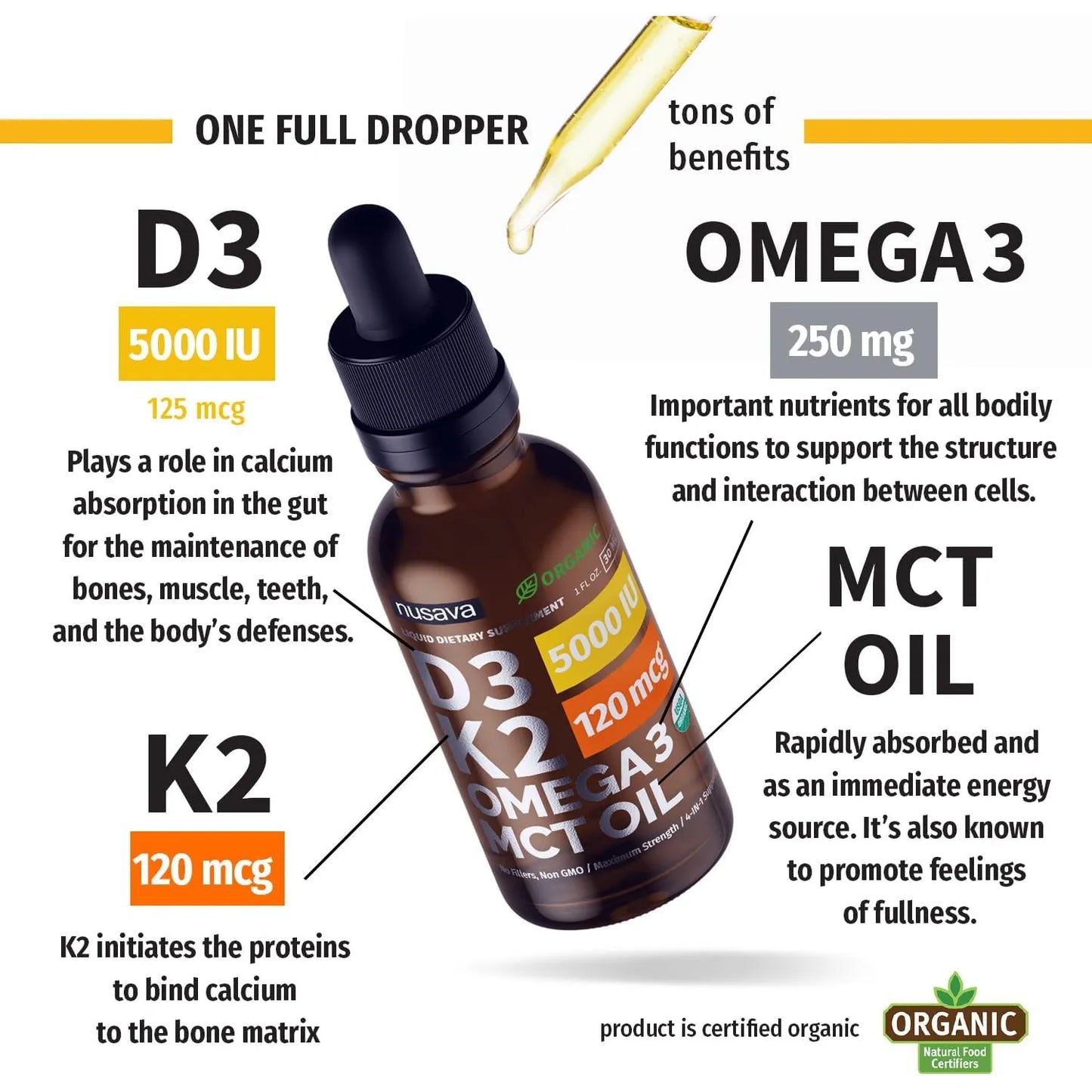 Gotas Orgánicas D3 K2 5000 UI Con Aceite MCT Omega 3 Suplemento Líquido