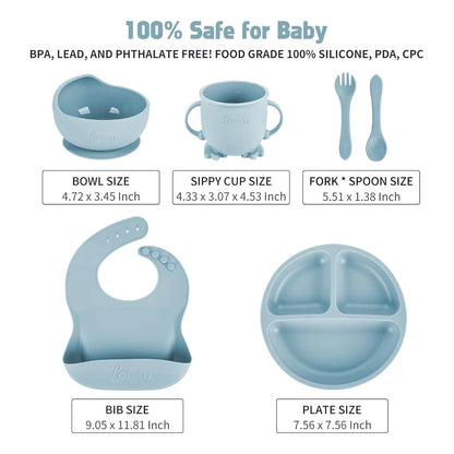 Juego De Alimentacion Bebe Silicona 6 Piezas Plato Babero Cuchara Sin Bpa