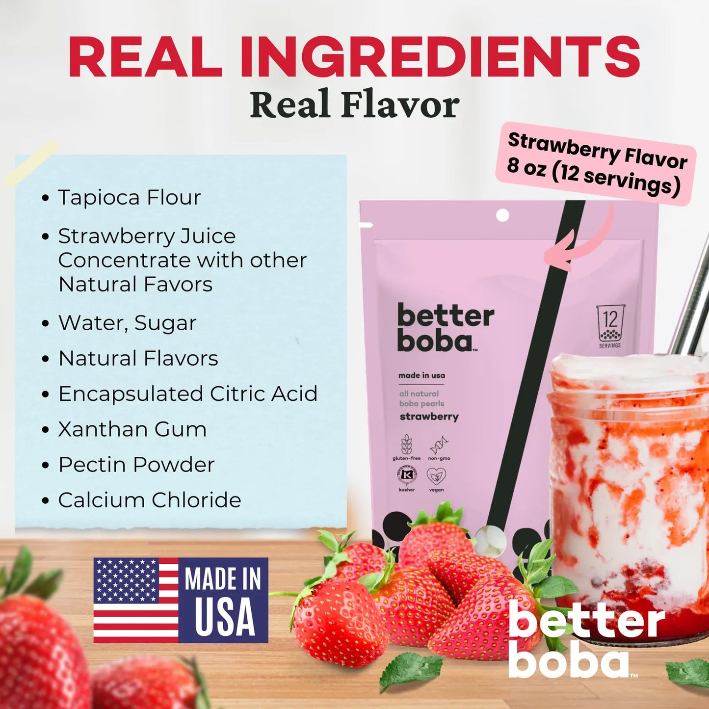 Perlas De Fresa Boba Naturales Veganas Sin Gluten 8 Onzas 12 Porciones