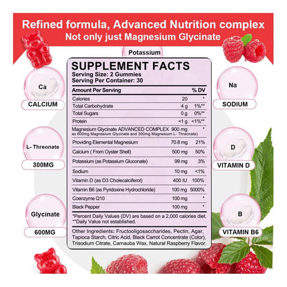 Gomitas De Frambuesa Con Magnesio Glicinato 900 Mg Potasio L Treonato Vitamina D B6 Coq10