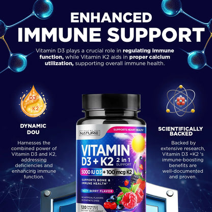Vitamina D3 K2 Masticable 5000 Ui Y 100 Mcg Mk7 Sabor Bayas 120 Tabletas