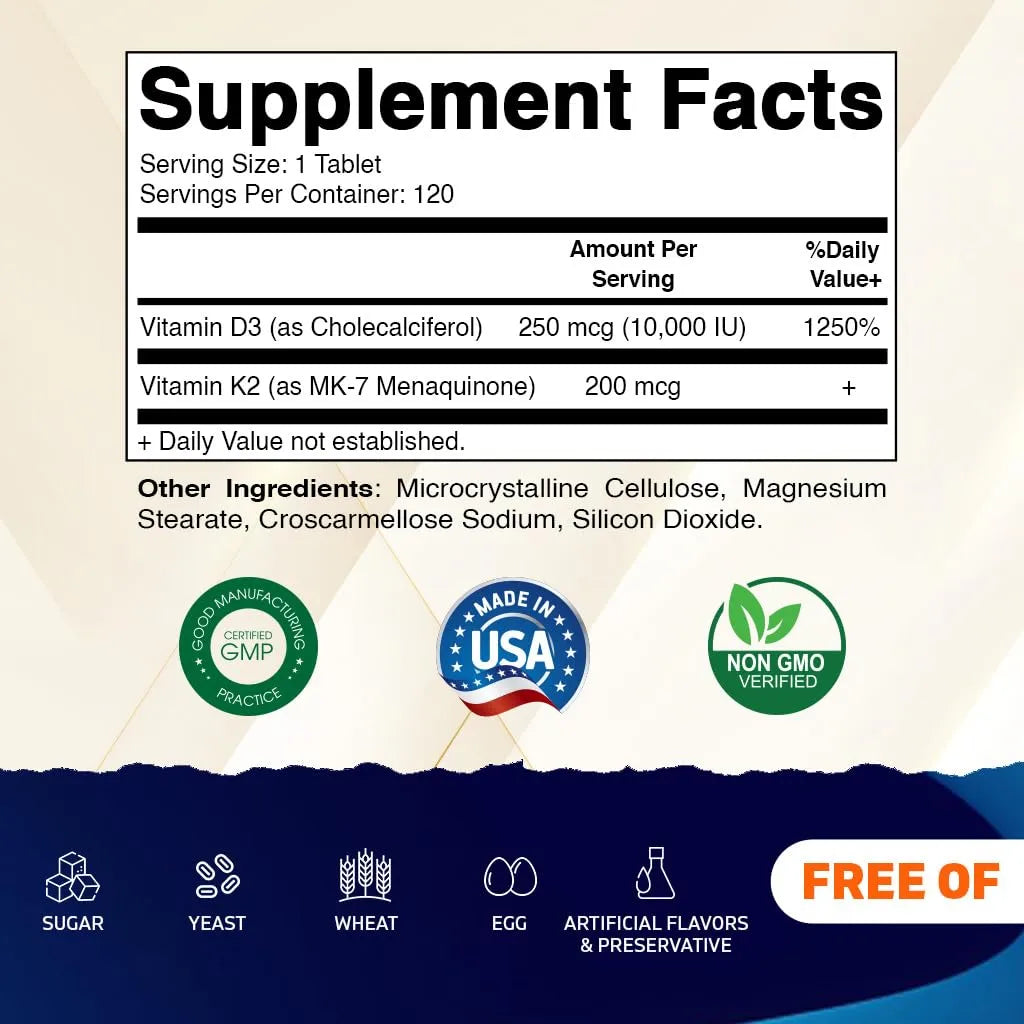 Vitamina D3 K2 10000 Ui 200 Mcg 120 Tabletas Apoyo Óseo Cardiovascular