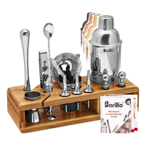 Kit De Cocteleria Bartender 23 Piezas Soporte De Bambu Barillio Premium