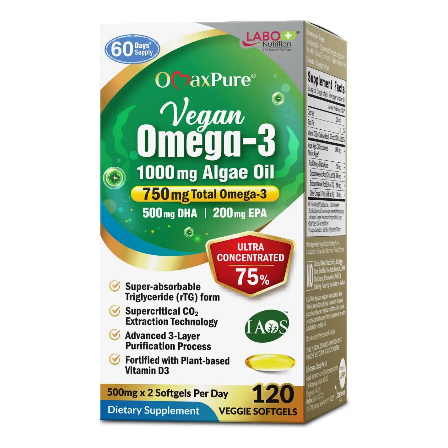 Aceite De Algas Omega 3 Vegano 750 Mg Con DHA Y EPA Para Corazón Y Cerebro