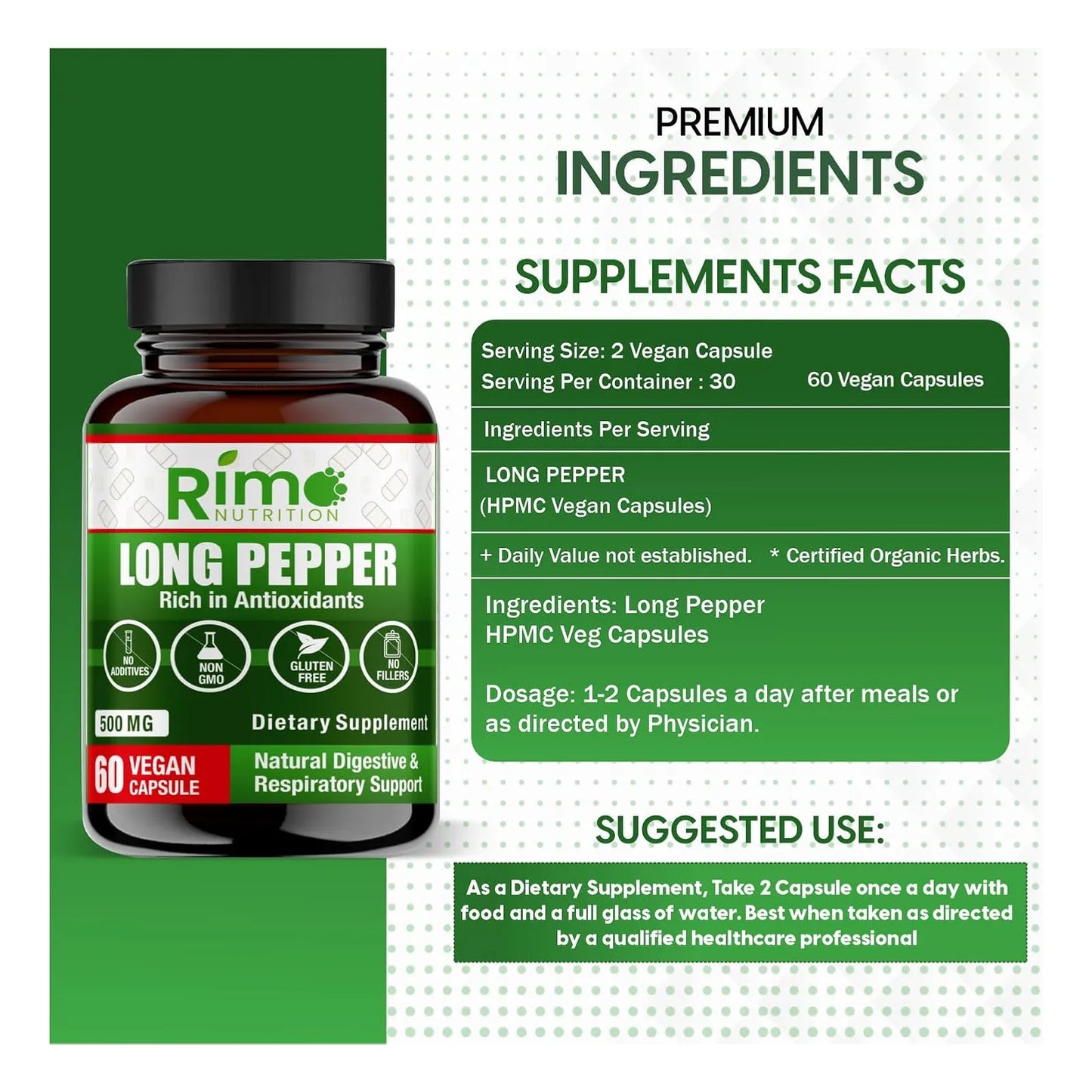 Pimienta Larga 60 Cápsulas 500 Mg Suplemento Senolítico Natural Vegano