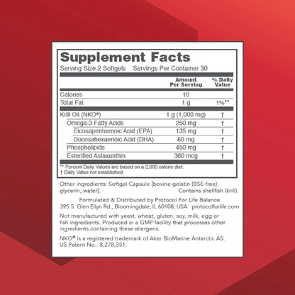 Aceite De Krill 1000 Mg DHA EPA Astaxantina Protocol For Life Balance Corazón Cerebro Articulaciones