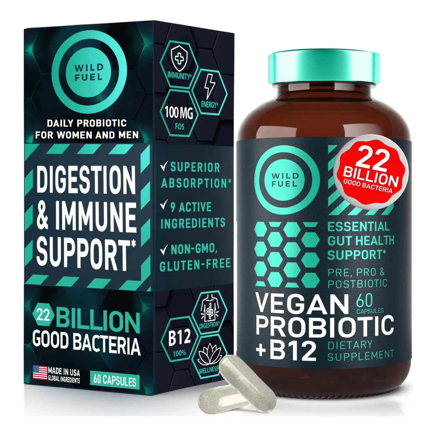 Probiótico Vegano Plus B12 22 Mil Millones CFU Con Prebióticos Salud Intestinal Y Energía